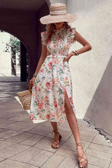 Floral Smocked Butterfly Sleeve Slit Dress