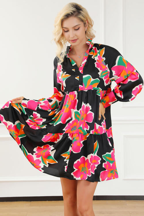 Flower Print Notched Ruffle Hem Dress