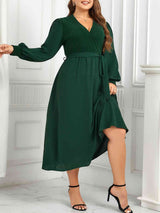 Plus Size Surplice Neck Tie Waist Long Sleeve Midi Dress