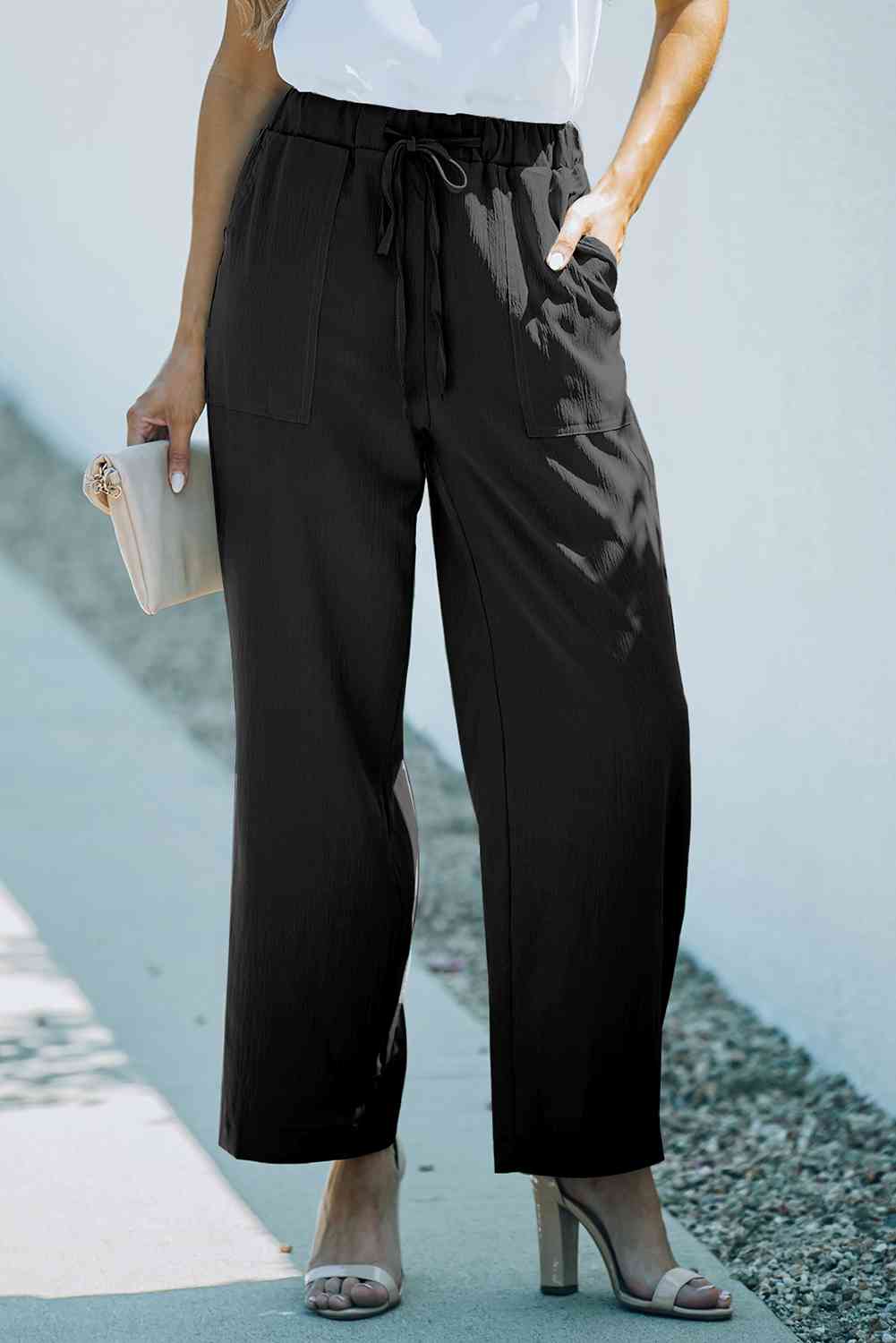 Drawstring Waist Crinkled Wide Leg Pants