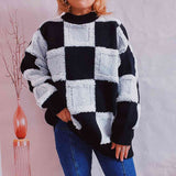 Checkered Round Neck Long Sleeve Sweater