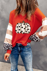 V-Neck Waffle-Knit Pumpkin Graphic Leopard Tee