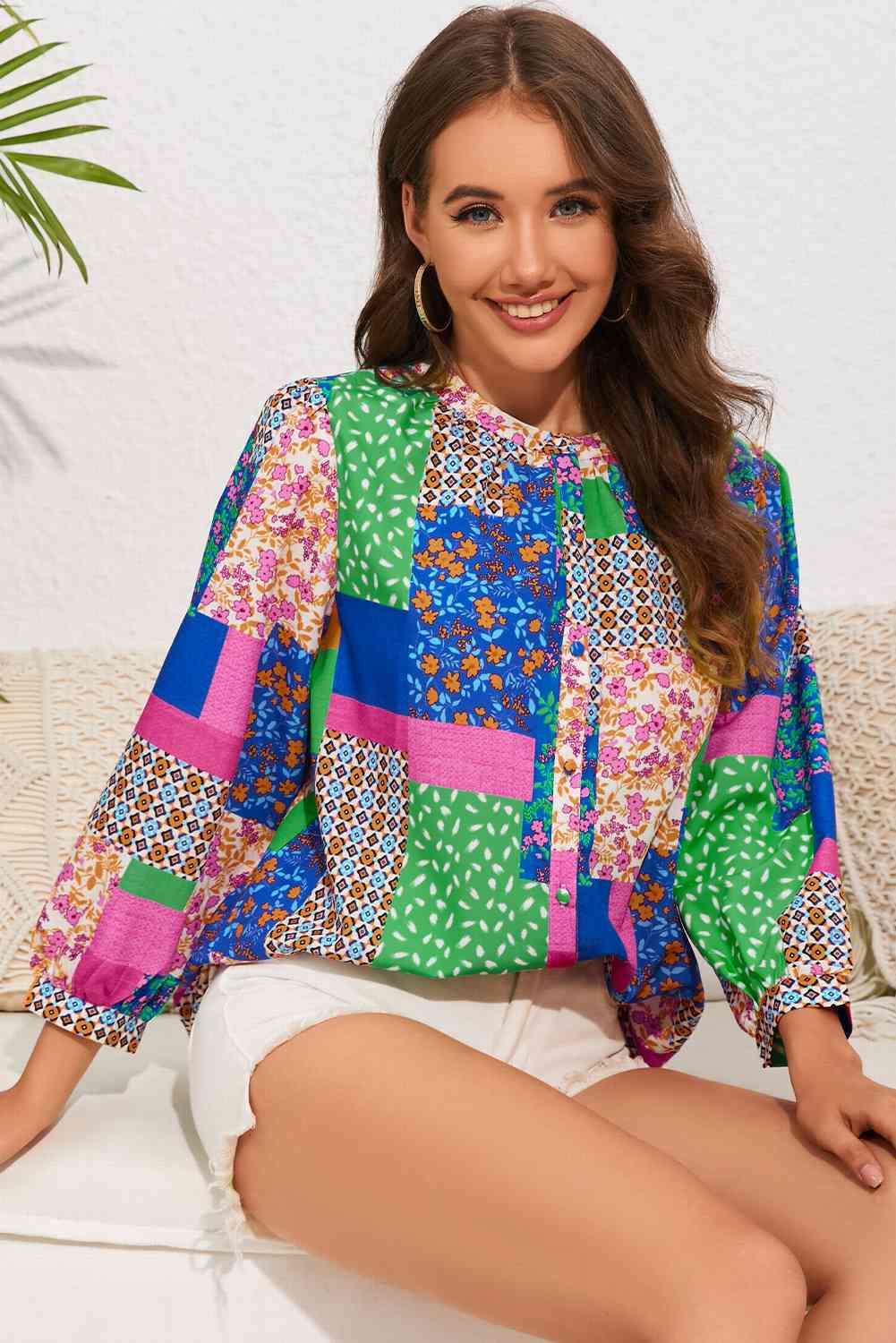 Double Take Patchwork Round Neck Shirt