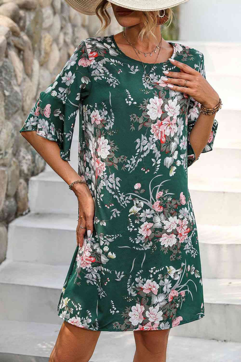 Floral Print Round Neck Flounce Sleeve Mini Dress