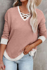 Waffle-Knit Crisscross V-Neck Long Sleeve T-Shirt