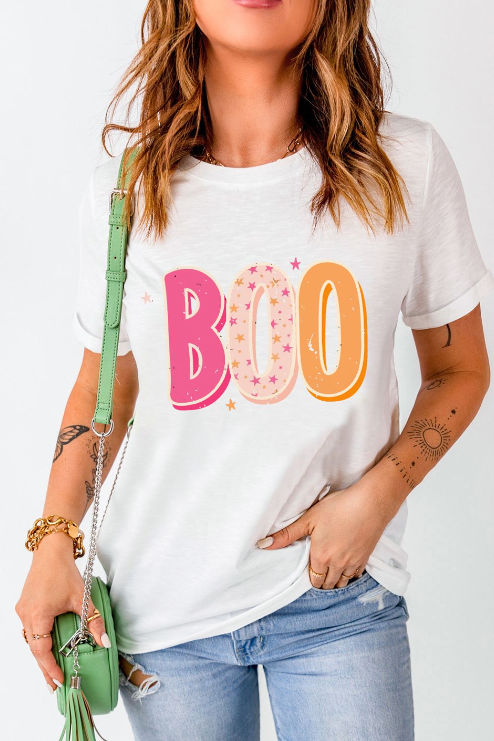 Round Neck Short Sleeve BOO Graphic T-Shirt