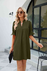 Notched Neck Flounce Sleeve Mini Dress