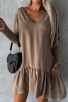 Notched Long Sleeve Ruffle Hem Mini Dress