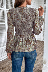 Smocked Printed Balloon Sleeve Blouse