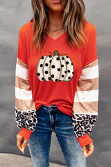 V-Neck Waffle-Knit Pumpkin Graphic Leopard Tee