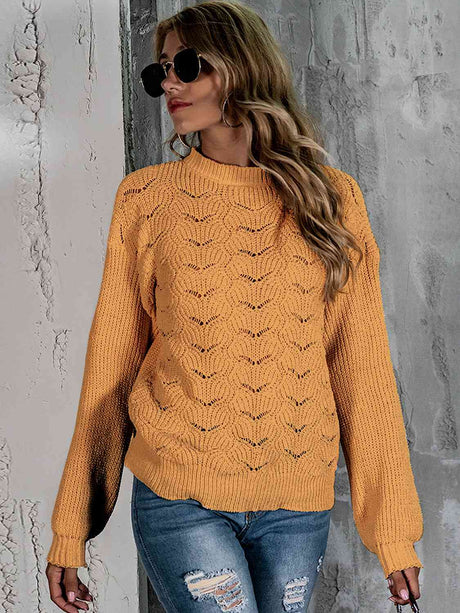 Openwork Mock Neck Long Sleeve Sweater