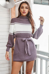 Contrast Tie Front Long Sleeve Sweater Dress