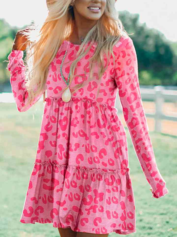 Printed Round Neck Long Sleeve Dress