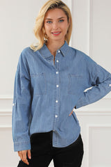 Pocketed Button Up Collared Neck Denim Top