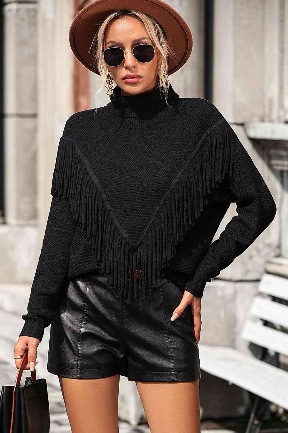 Turtle Neck Tassel Front Long Sleeve Pullover Sweater