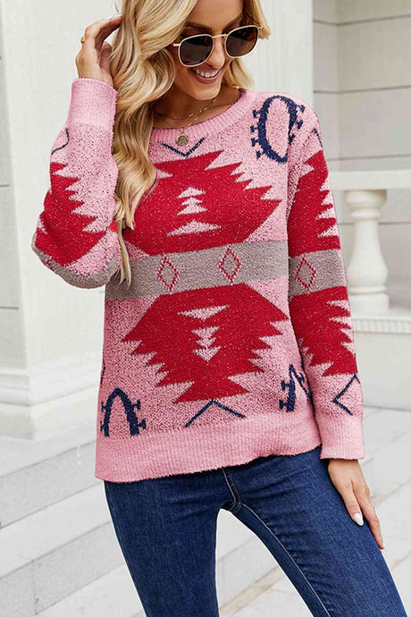 Printed Round Neck Long Sleeve Sweater