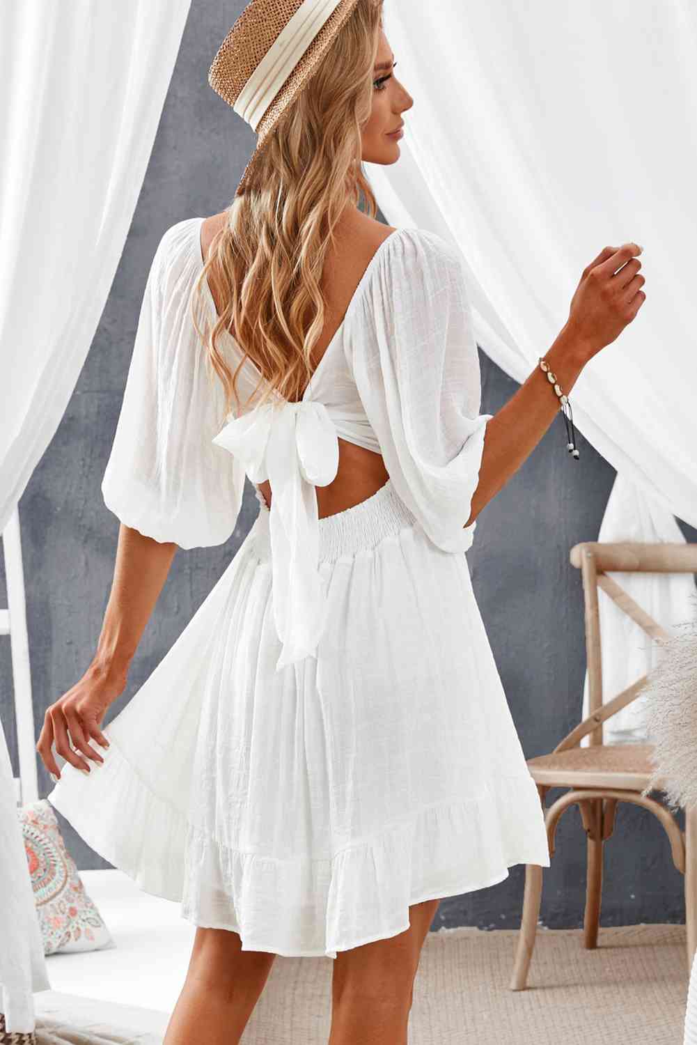 Tie-Back Ruffled Hem Square Neck Mini Dress