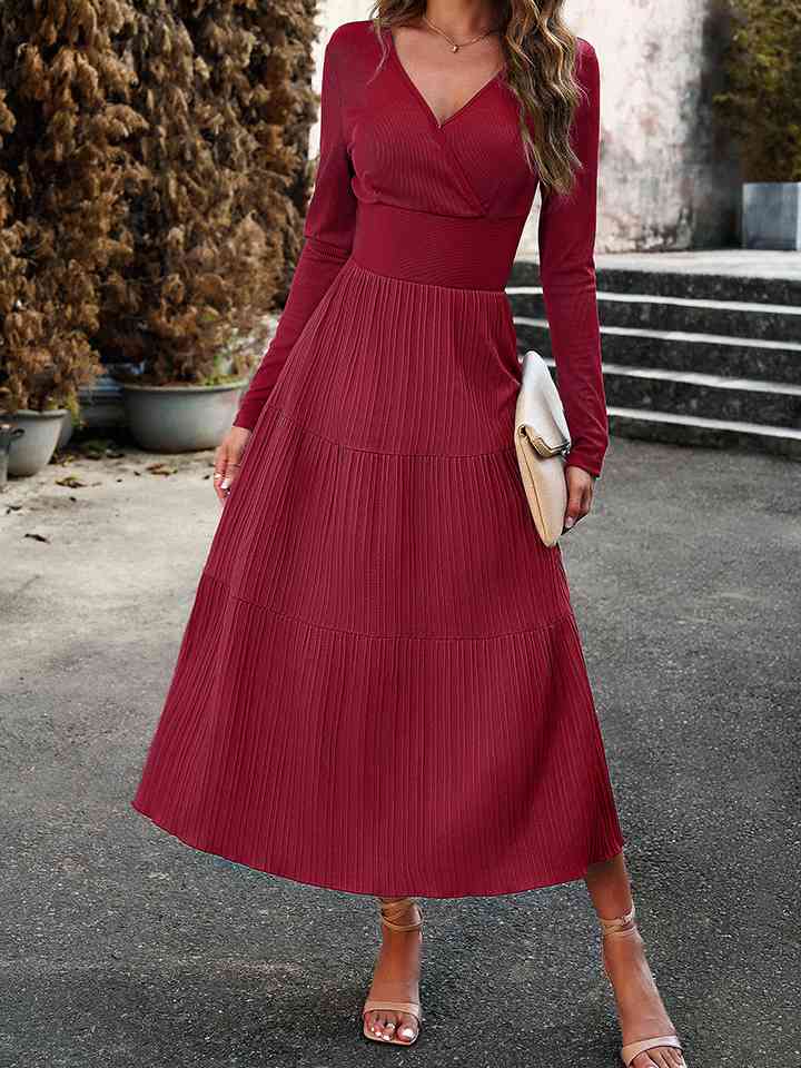 Surplice Neck Long Sleeve Smocked Waist Midi Dress