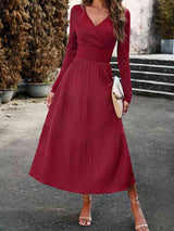 Surplice Neck Long Sleeve Smocked Waist Midi Dress