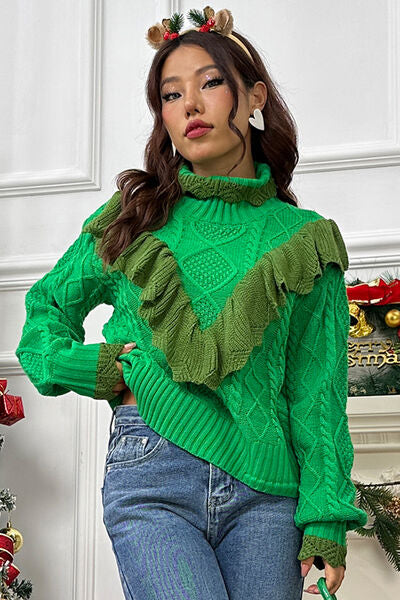 Cable-Knit Ruffled Mock Neck Lantern Sleeve Sweater