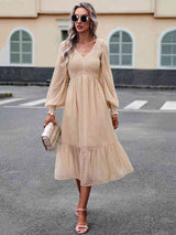 Swiss Dot V-Neck Flounce Sleeve Midi Dress