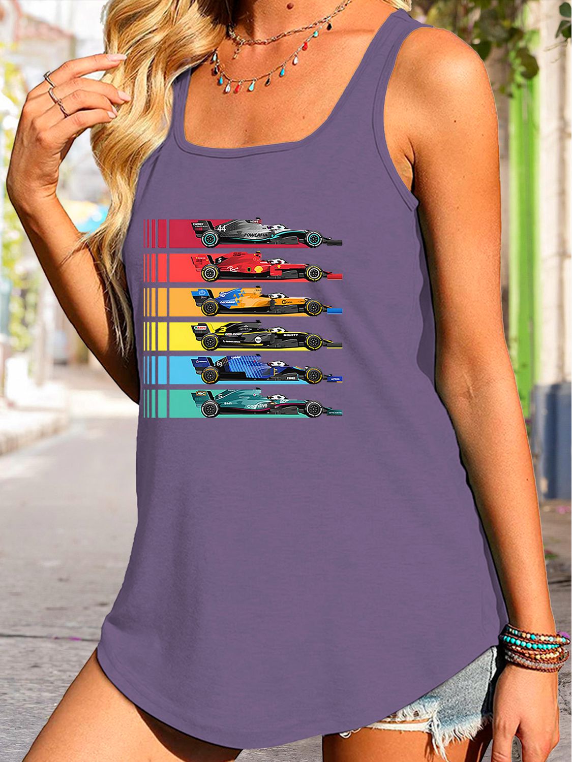 Scoop Neck Race Car Graphic Tank Top