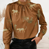 Leopard Graphic Mock Neck Puff Sleeve Blouse