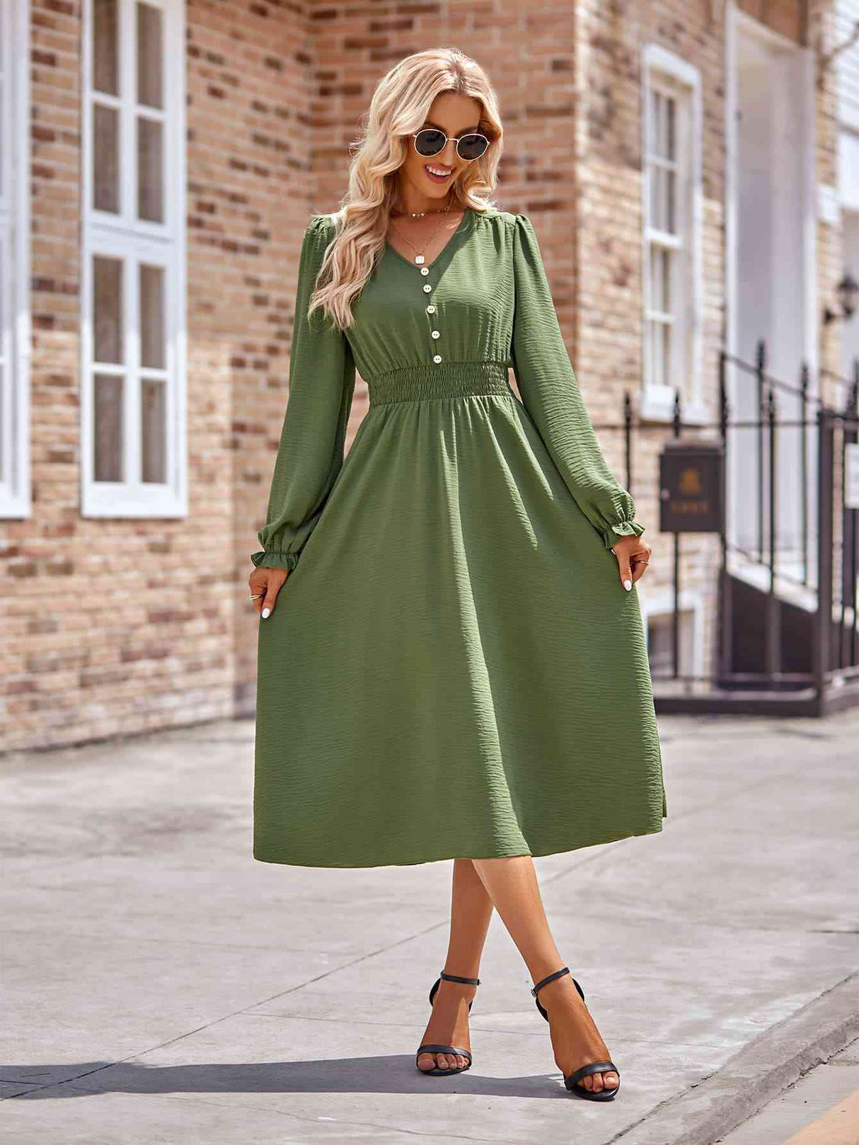 Buttoned V-Neck Flounce Sleeve Midi Dress