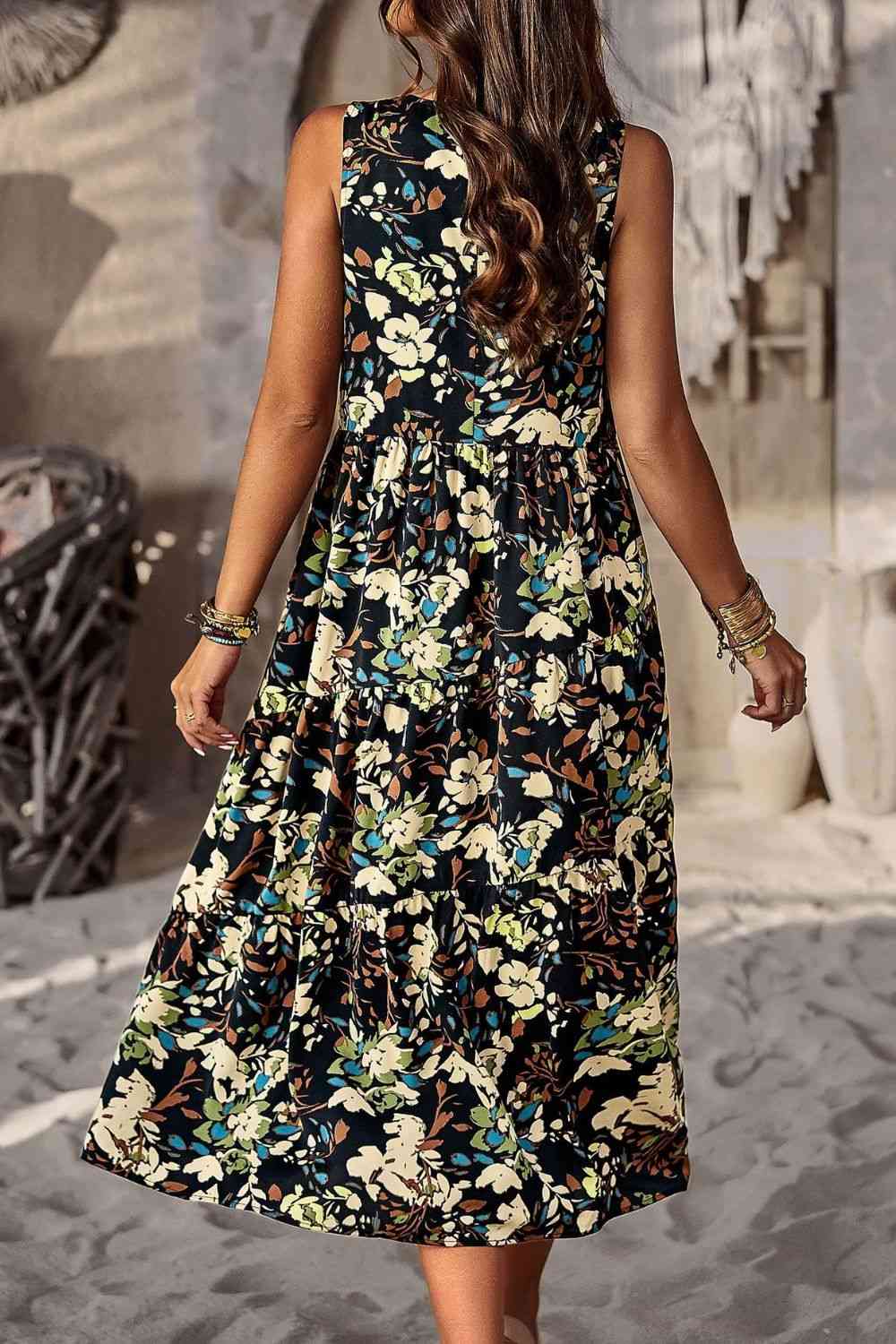 Printed Sleeveless Midi Dress with Pocket