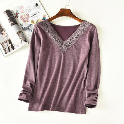 Lace Detail V-Neck Long Sleeve Lounge Top