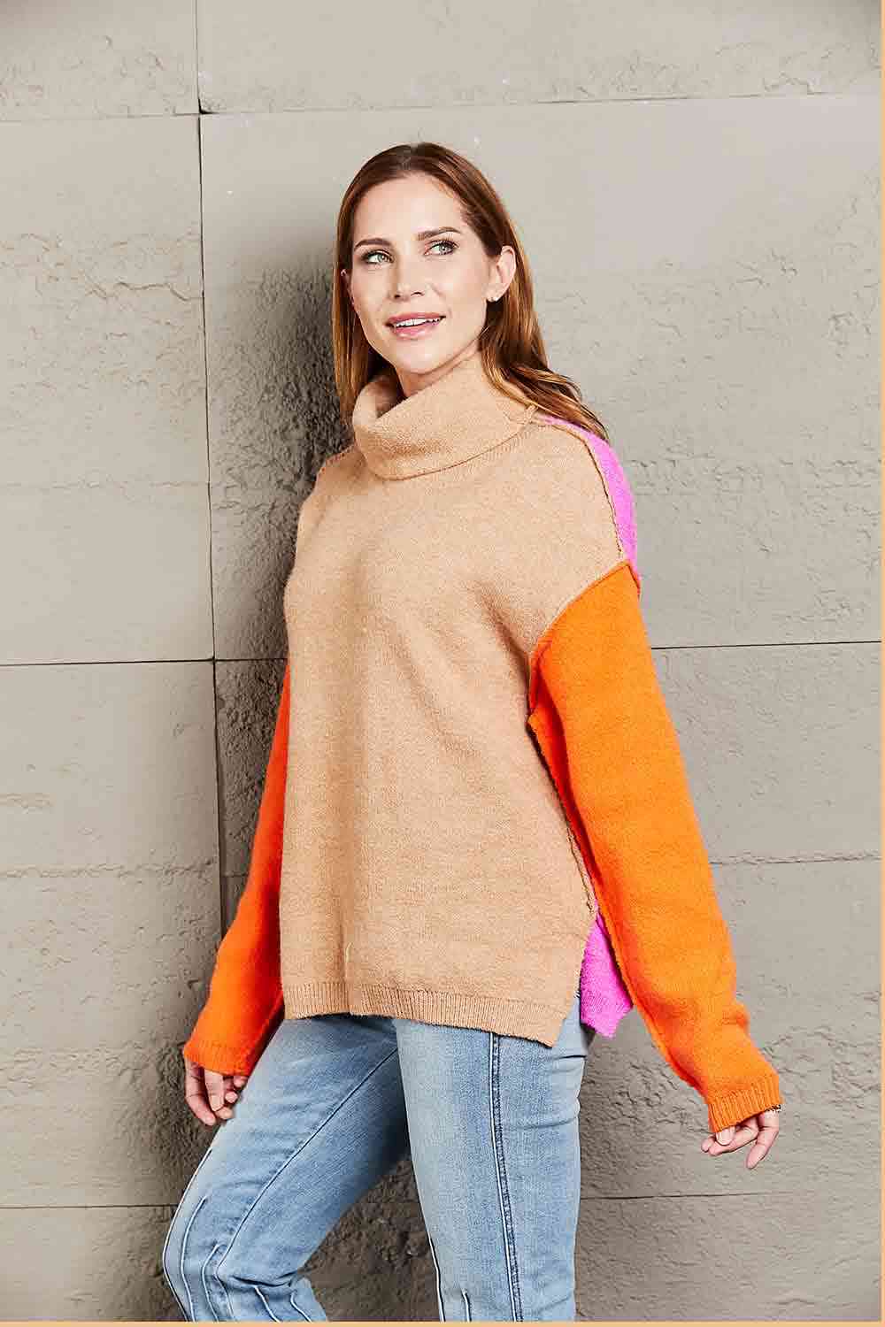 Double Take Color Block Turtleneck Slit Sweater