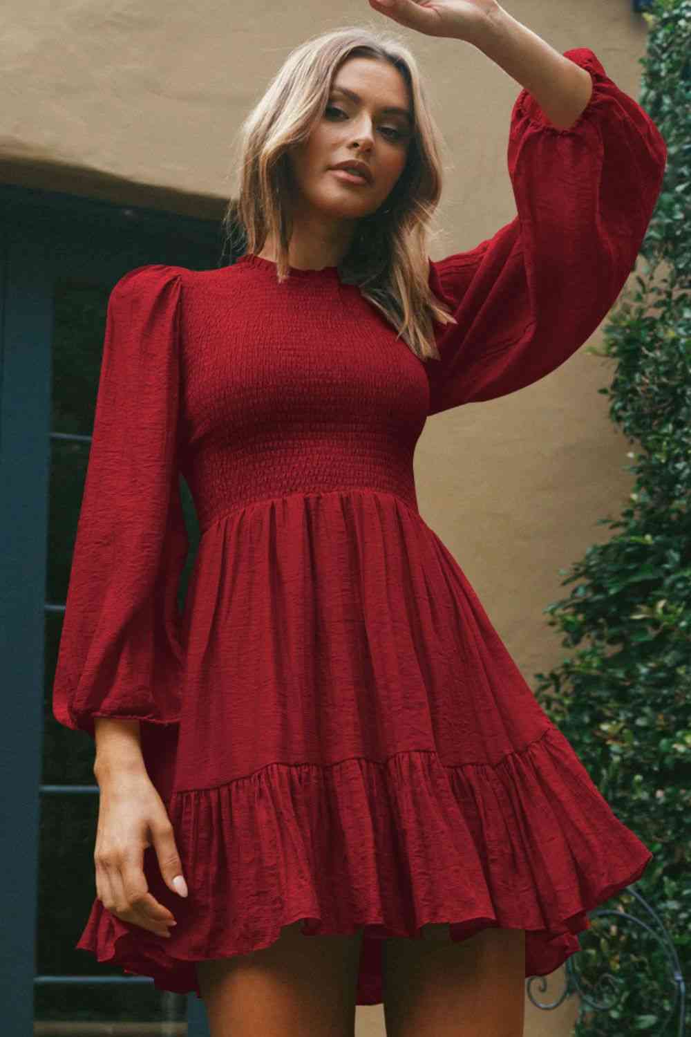 Smocked Balloon Sleeve Ruffle Hem Dress