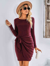 Tied Round Neck Long Sleeve Mini Dress