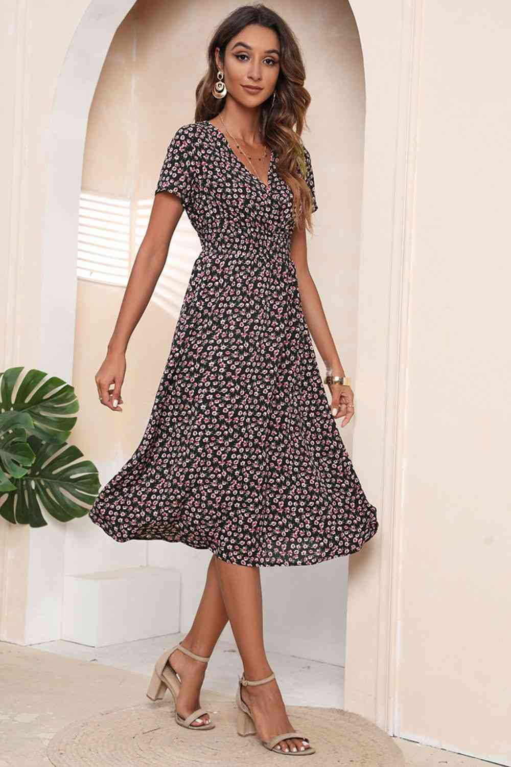 Surplice Short Sleeve Knee Length Dress