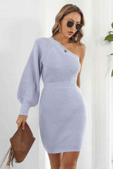 One Shoulder Raglan Sleeve Pencil Sweater Dress