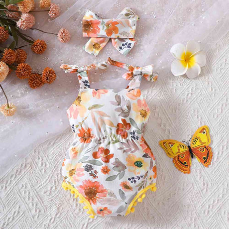 Floral Bow Detail Pom-Pom Trim Romper