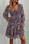 Floral Long Flounce Sleeve Square Neck Dress