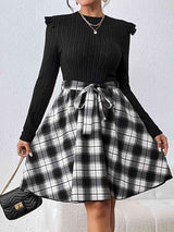 Plaid Ruffle Shoulder Round Neck Dress