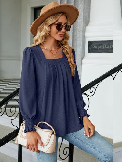 Ruched Square Neck Lantern Sleeve Blouse