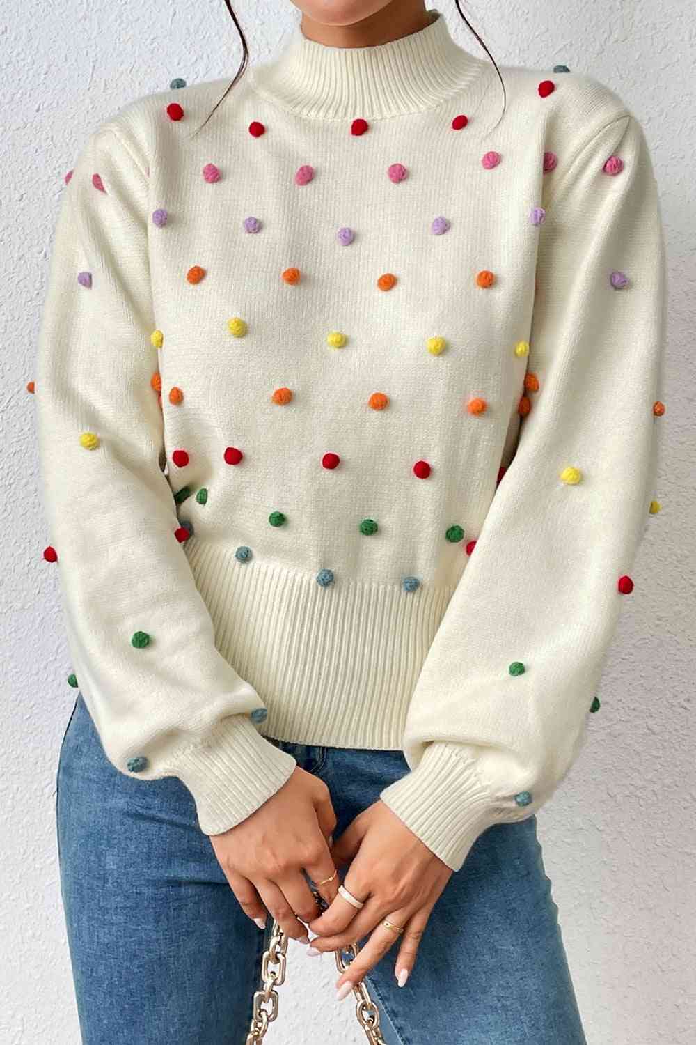 Pom-Pom Trim Mock Neck Long Sleeve Pullover Sweater