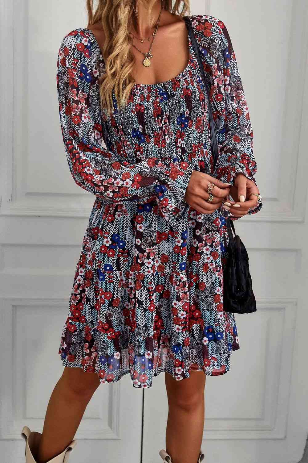 Floral Long Flounce Sleeve Square Neck Dress