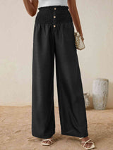 High Smocked Waist Buttoned Relax Fit Long Pants