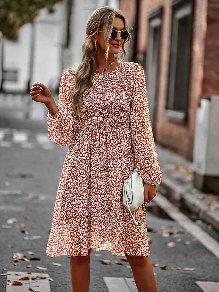 Printed Round Neck Long Sleeve Smocked Dress