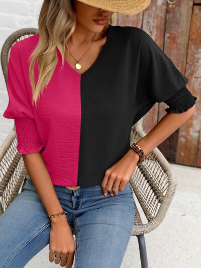 Contrast V-Neck Lantern Sleeve Blouse