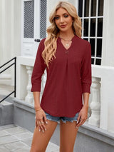 Eyelet Notched Three-Quarter Sleeve Blouse