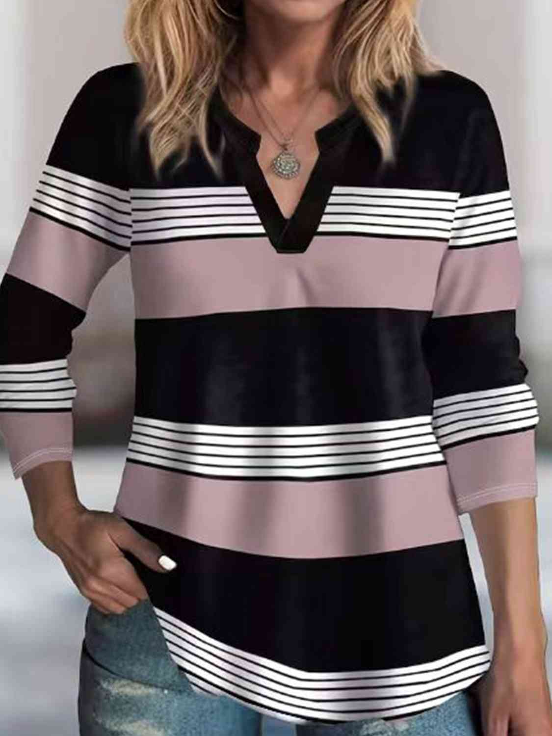 Striped Notched Long Sleeve T-Shirt