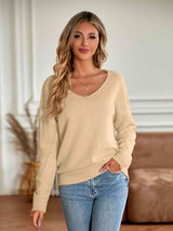 V-Neck Long Sleeve Ribbed Trim Sweater