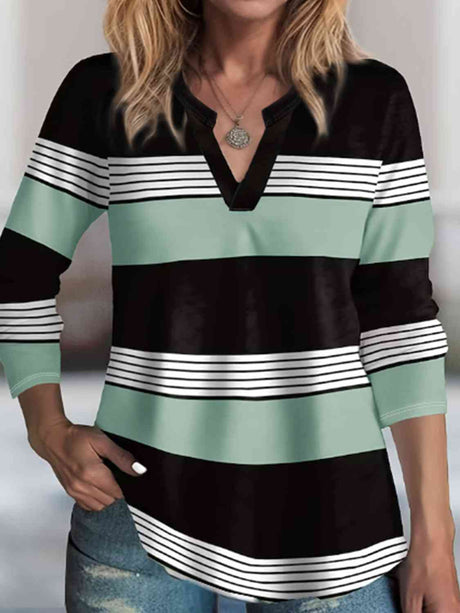 Striped Notched Long Sleeve T-Shirt