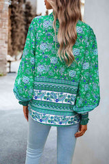 Printed Collared Neck Smocked Lantern Sleeve Shirt