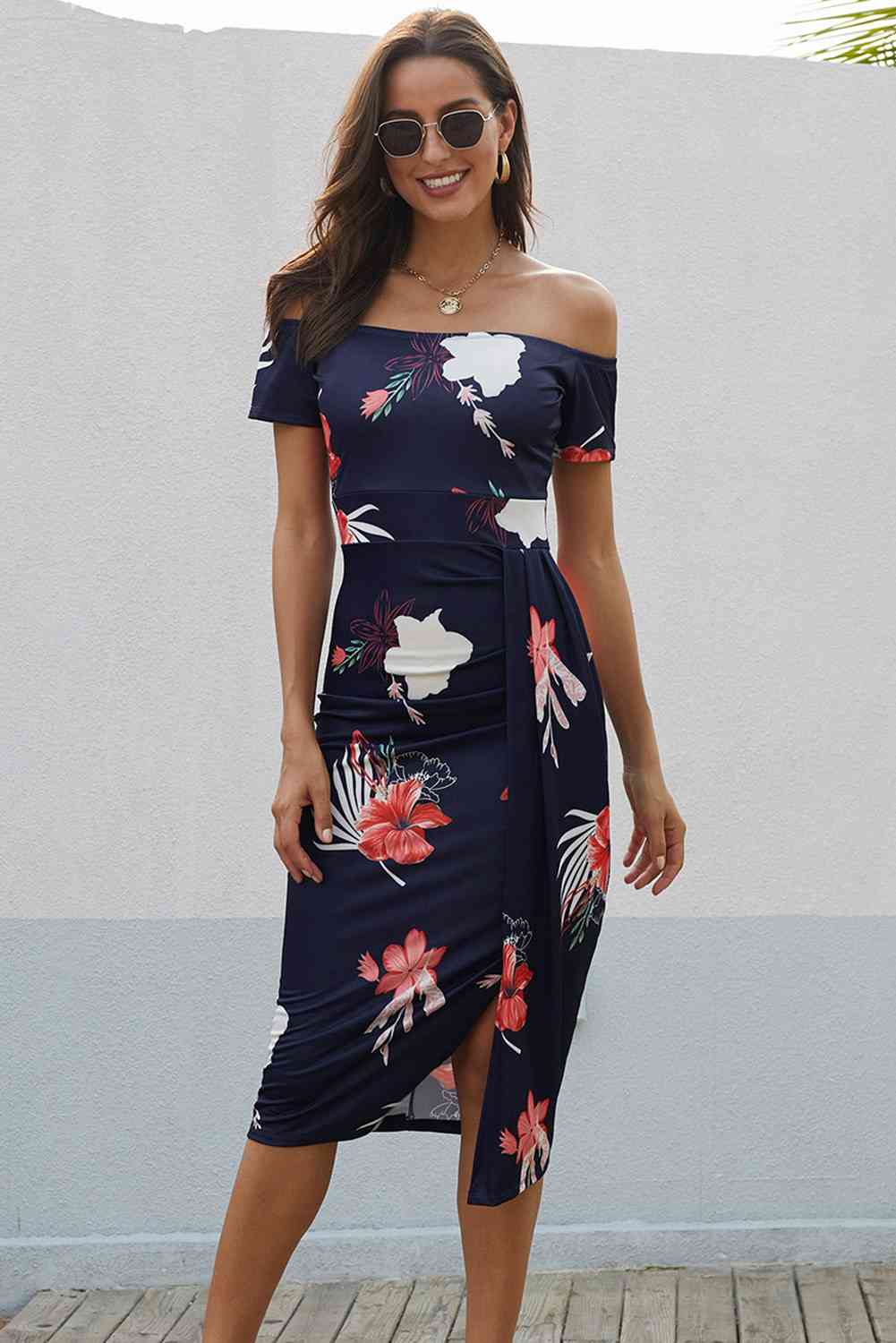 Printed Off-Shoulder Slit Midi Dress